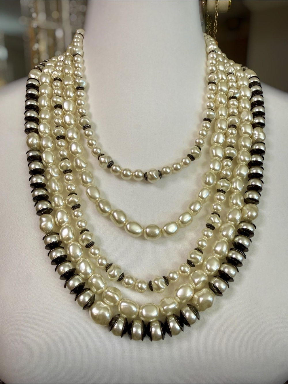 Vintage Chico's Dark Silver Tone 5-Strand Baroque Faux Pearl Statement Necklace